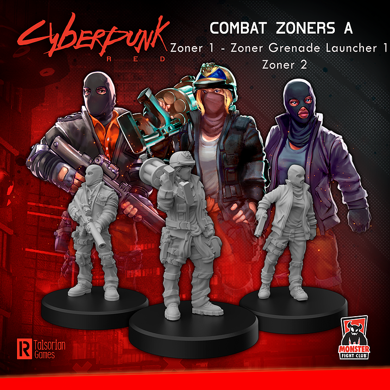 Cyberpunk Red Miniatures: Combat Zoners Set A (Zoner 1/Zoner Grenade Launcher/Zoner 2) 