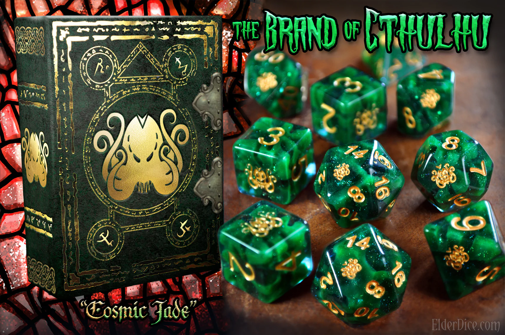 Elder Dice Polyhedral 10 Die Set: Cthulhu: Glass/Wax: Cosmic Jade 