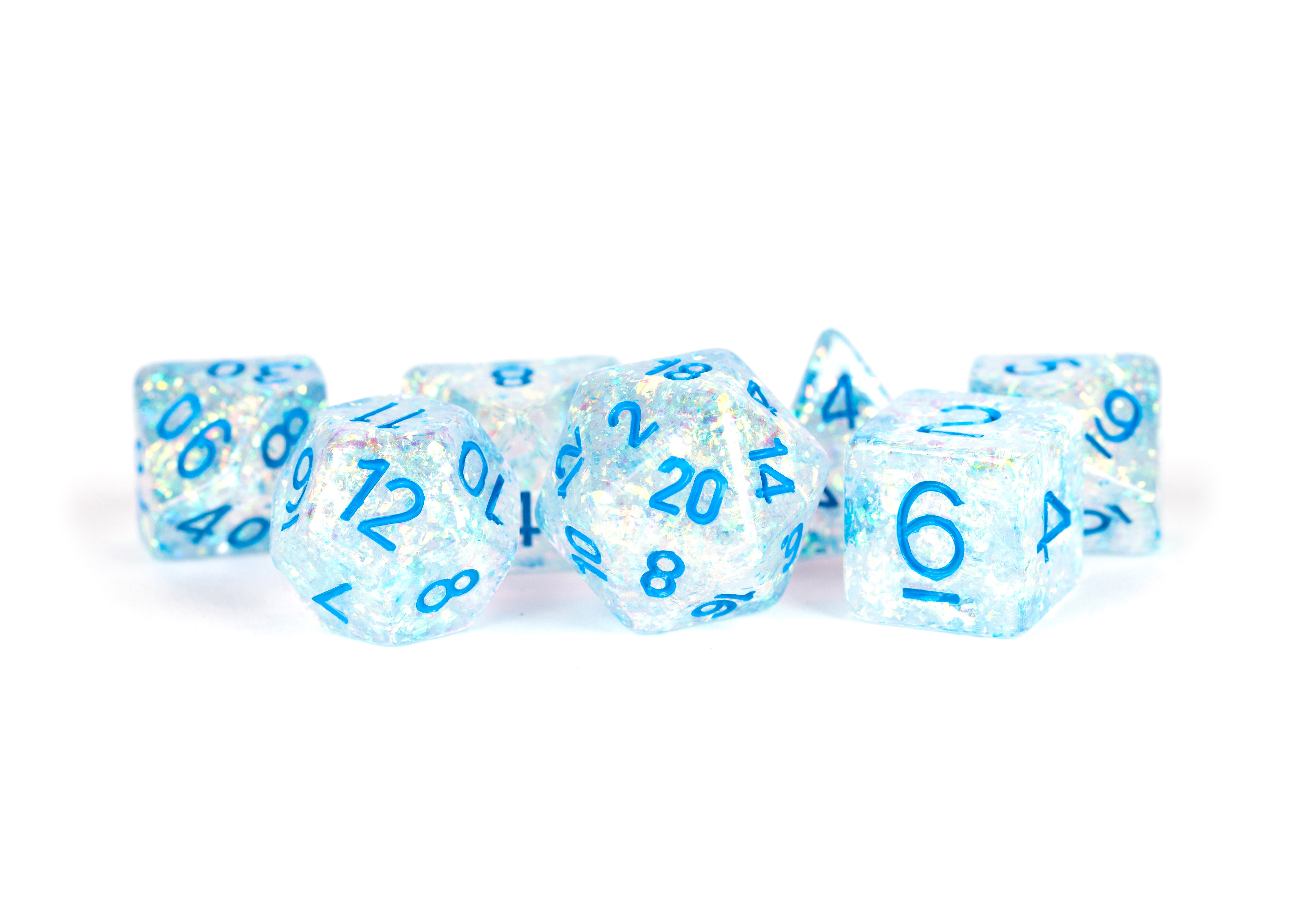 Fanroll: 7 Dice Polyhedral Set: FLASH CLEAR W/ LIGHT BLUE 16MM 