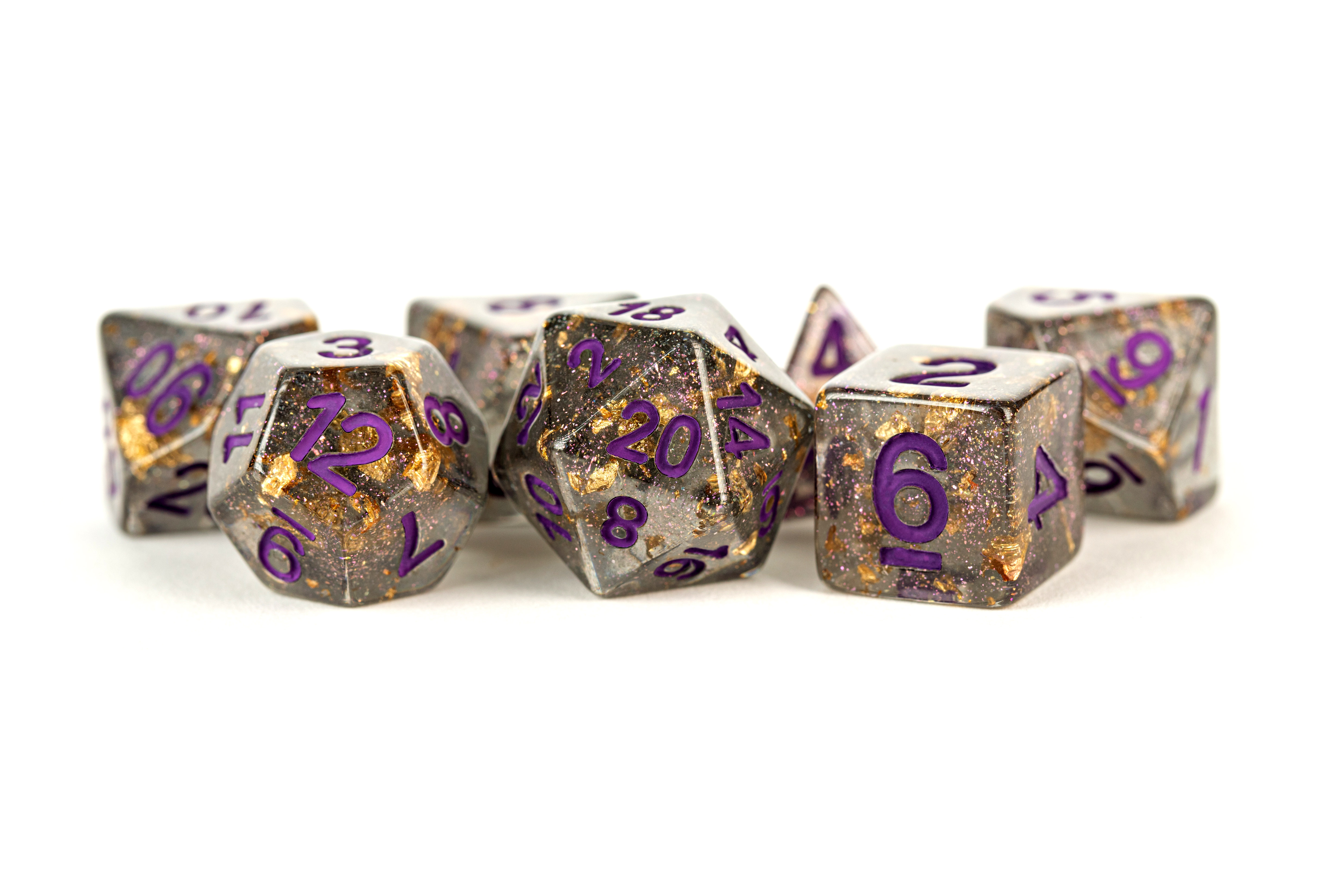 Fanroll: 7 Dice Polyhedral Set: GRAY W/ GOLD FOIL W/ PURPLE 16MM 