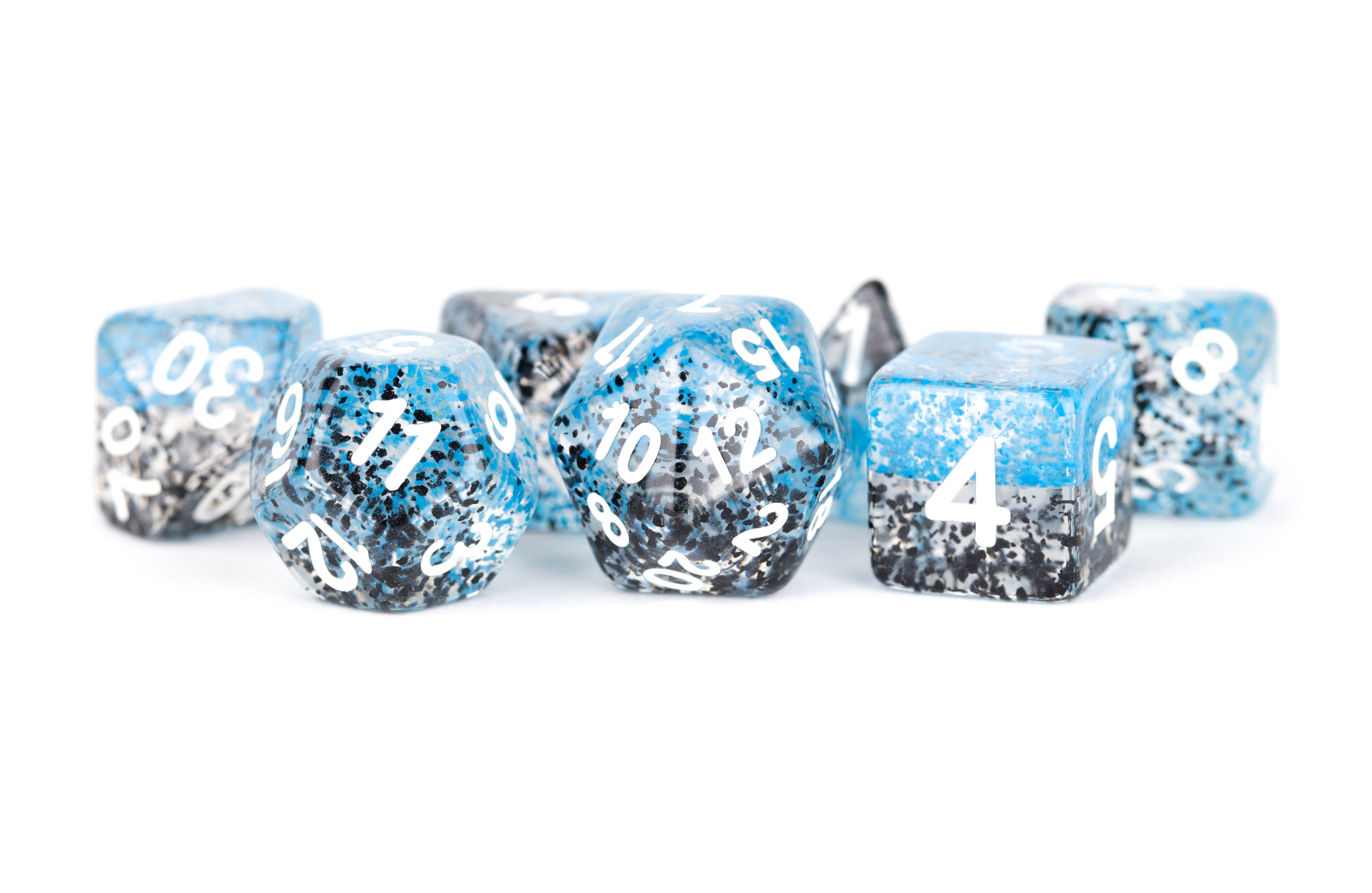 Fanroll: 7 Dice Polyhedral Set: PARTICLE BLUE/BLACK 16MM  