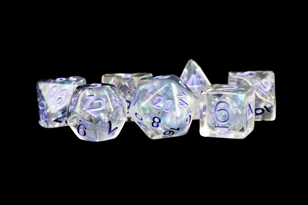 Fanroll: 7 Dice Polyhedral Set: PEARL W/ PURPLE NUMBERS 16MM 