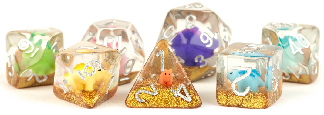 Fanroll: 7 Dice Polyhedral Set: RAINBOW DINOSAUR INCLUSION 16MM 