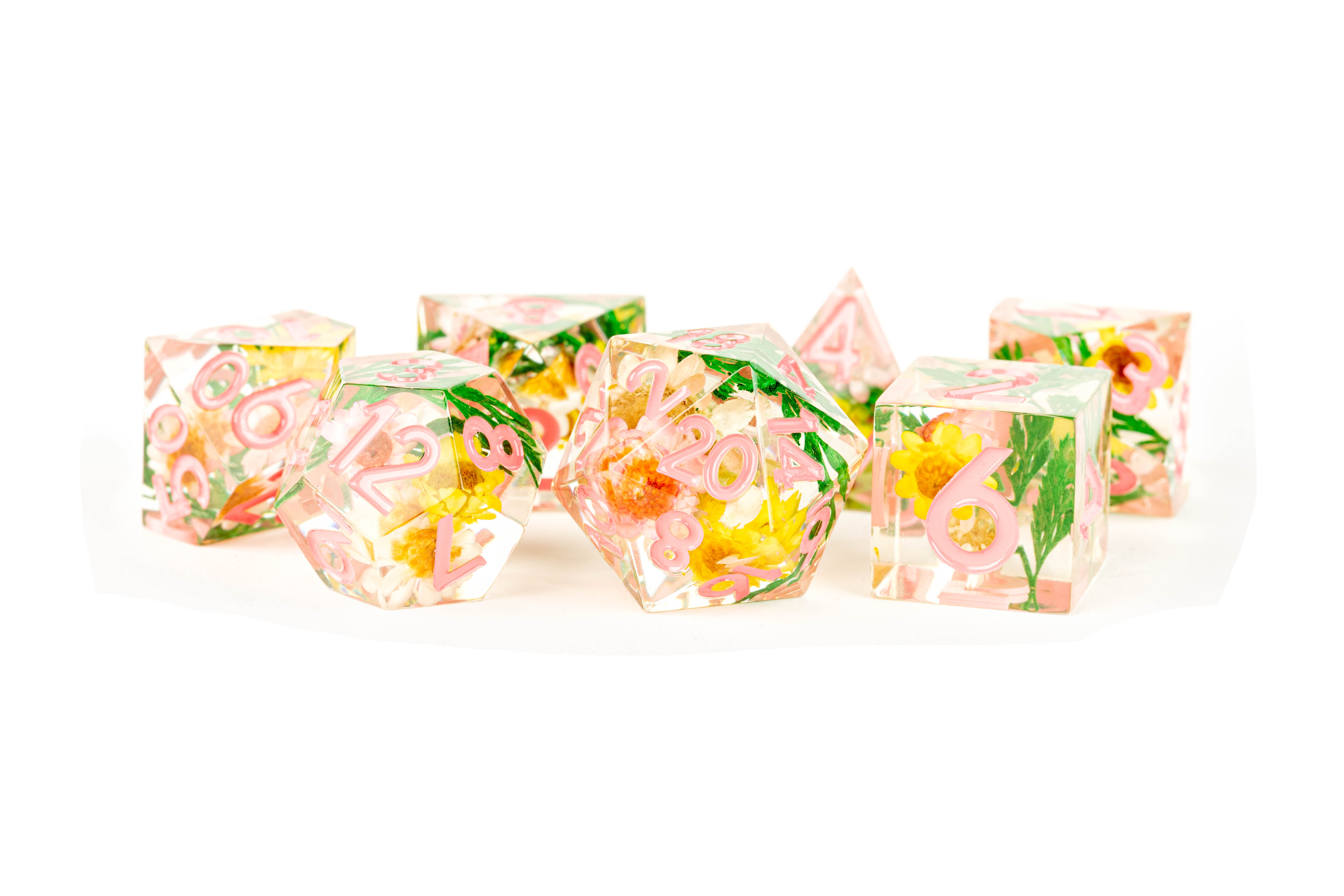 Fanroll: 7 Dice Polyhedral Set: Sharp Edge: CHRYSANTHEMUM W/ PINK 16mm 