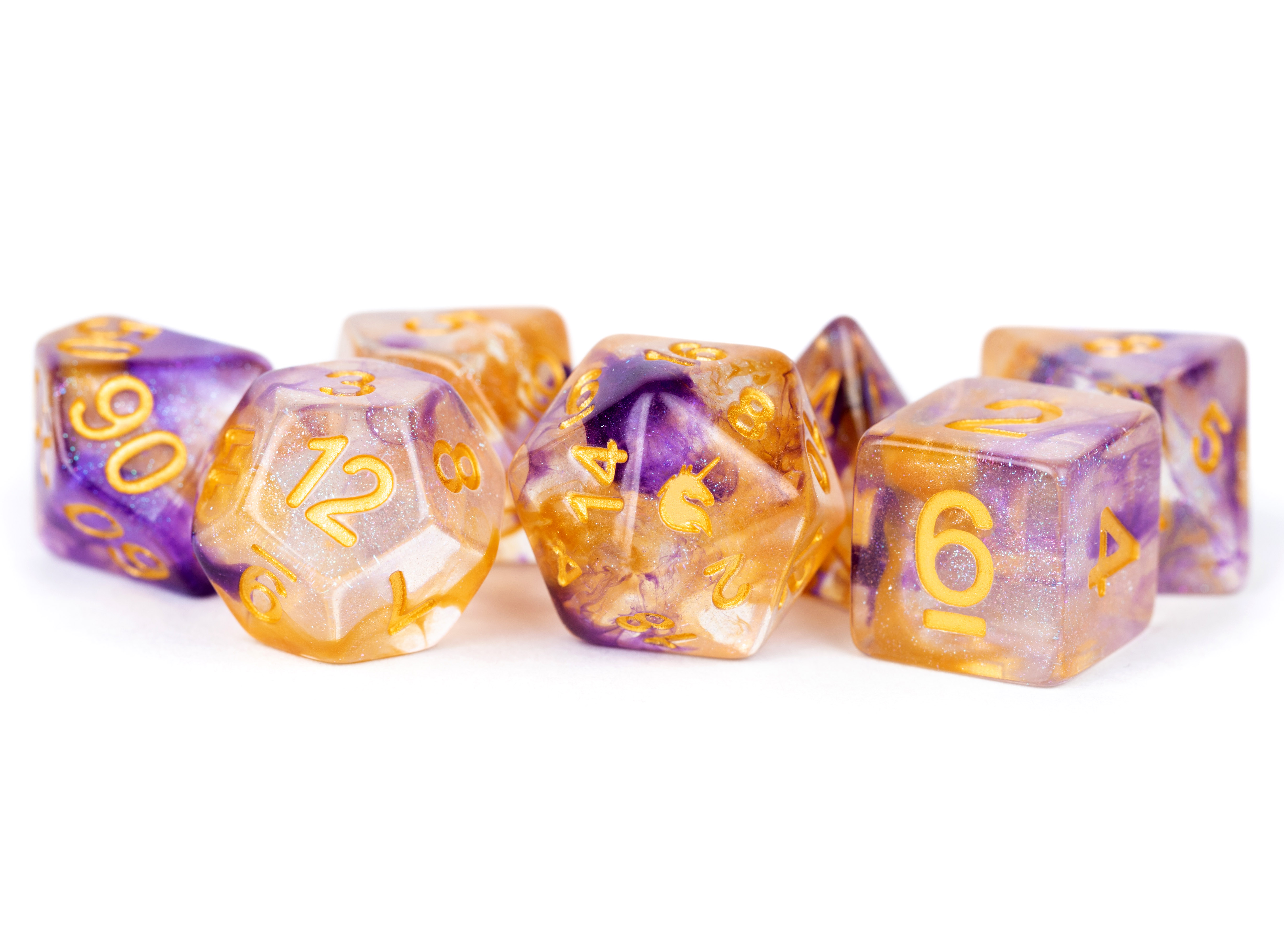 Fanroll: 7 Dice Polyhedral Set: UNICORN ROYAL SUNSET 16MM 