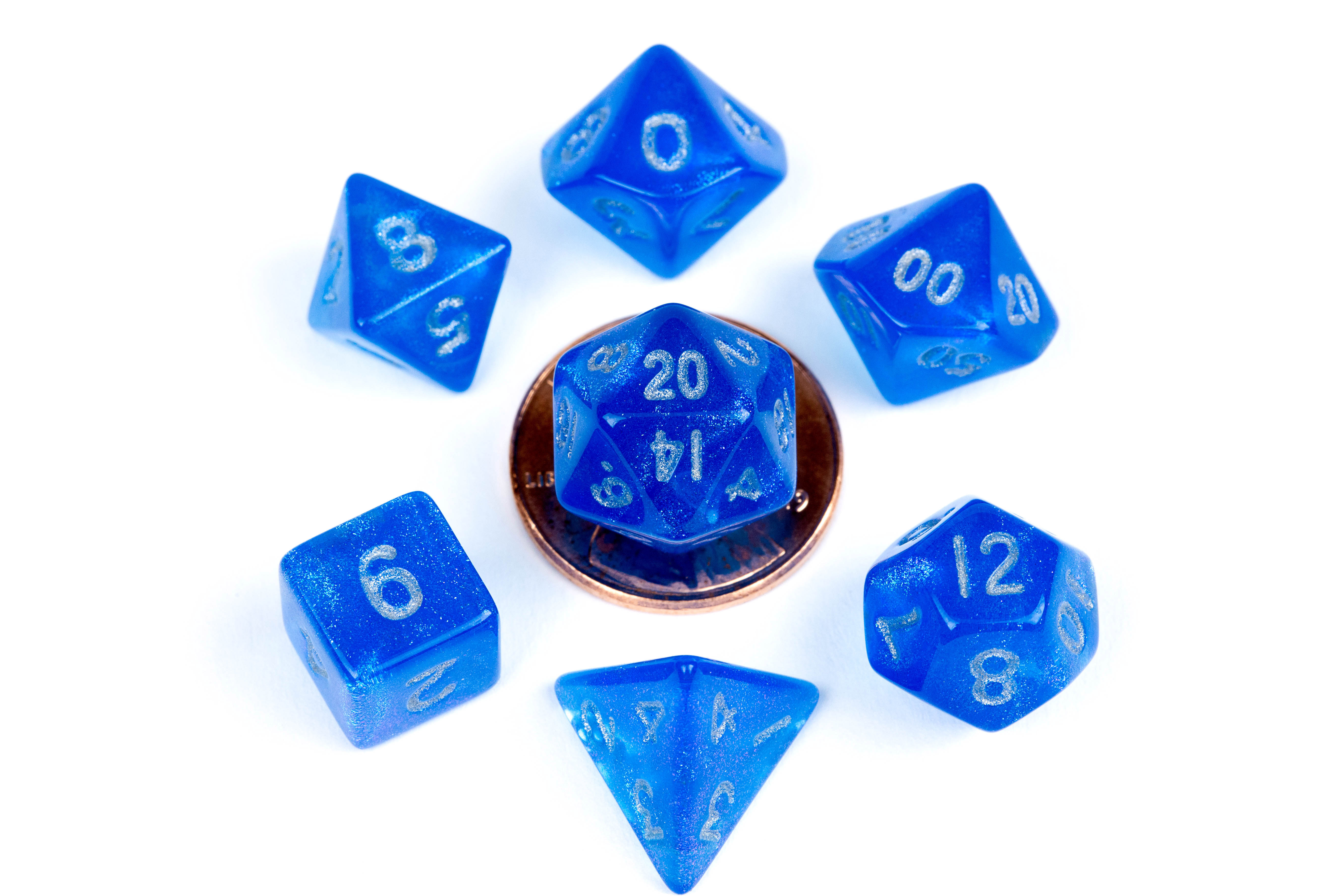 Fanroll: Mini 7 Dice Polyhedral Set: Stardust Blue with Silver (10mm) 