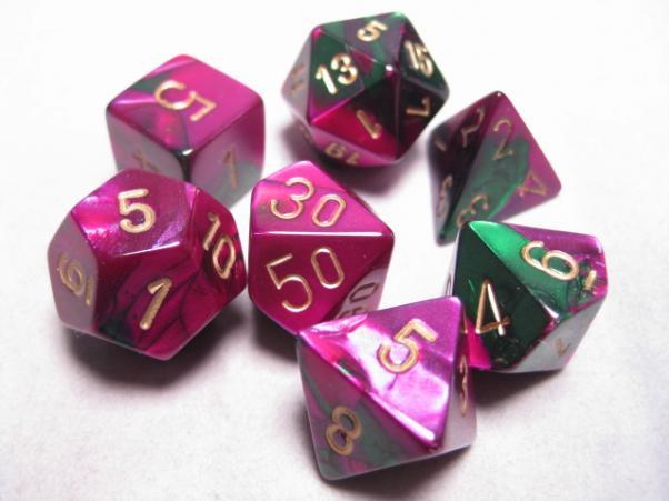 Chessex (26434): Polyhedral 7-Die Set: Gemini: Green Purple/Gold 