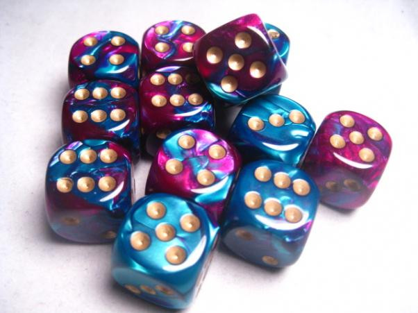 Chessex (26649): D6: 16mm: Gemini: Purple Teal/Gold 