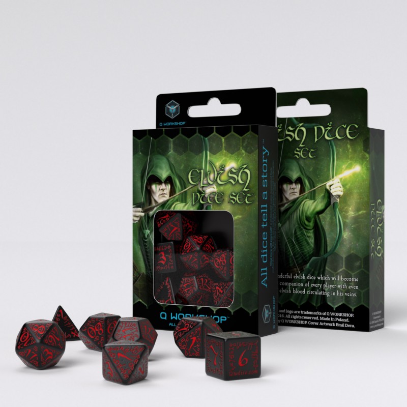 Q-Workshop: 7 Dice Set- Elvish: Black & Red 