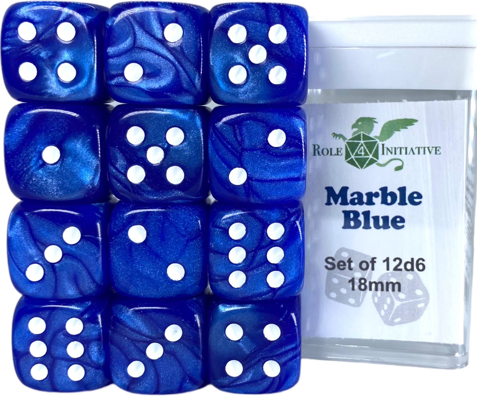 Role 4 Initiative: 12 D6 Pips Dice Set: Marble Blue 18MM 