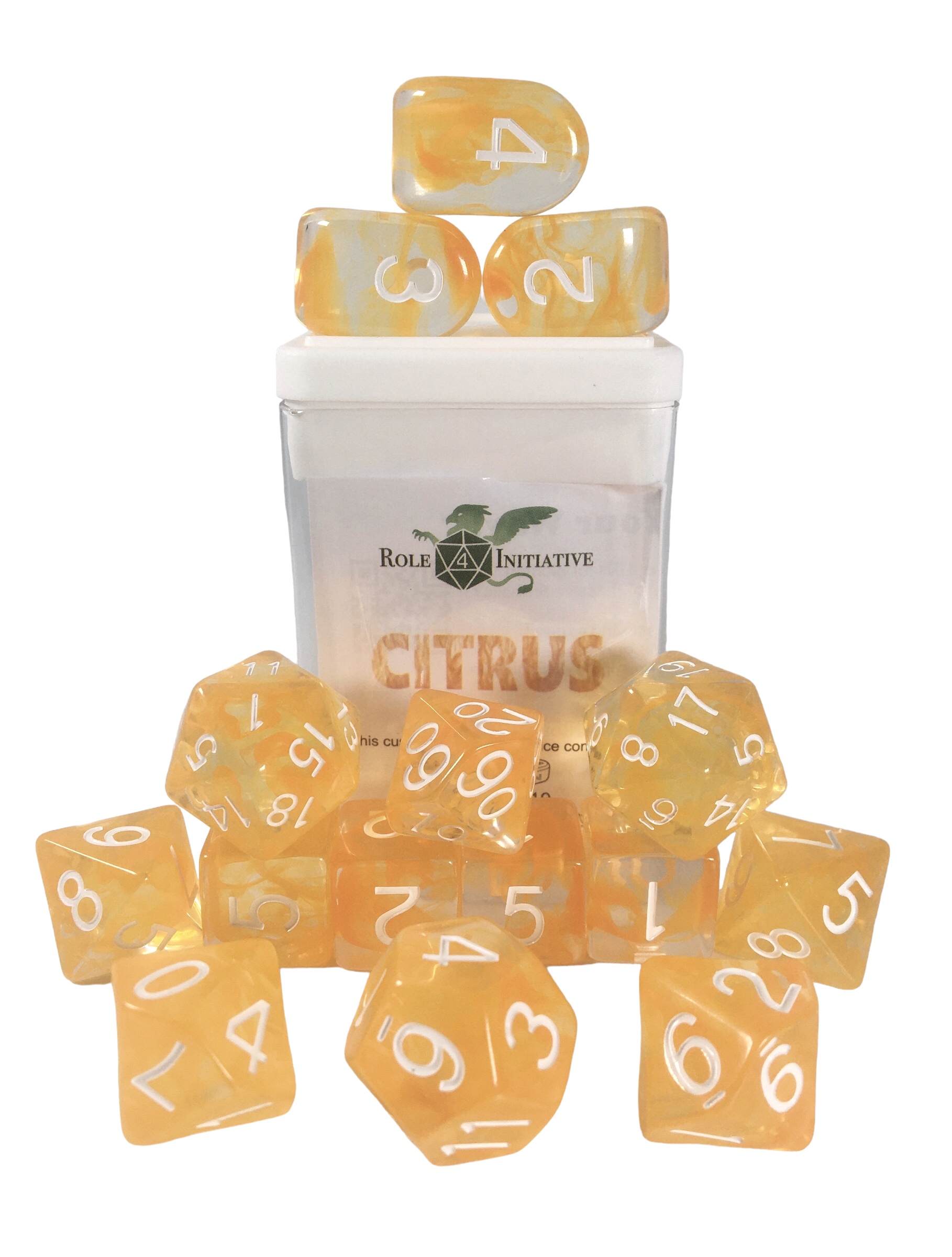 Role 4 Initiative: Polyhedral 15 Dice Set: Diffusion Citrus with White Numbers Arch D4 