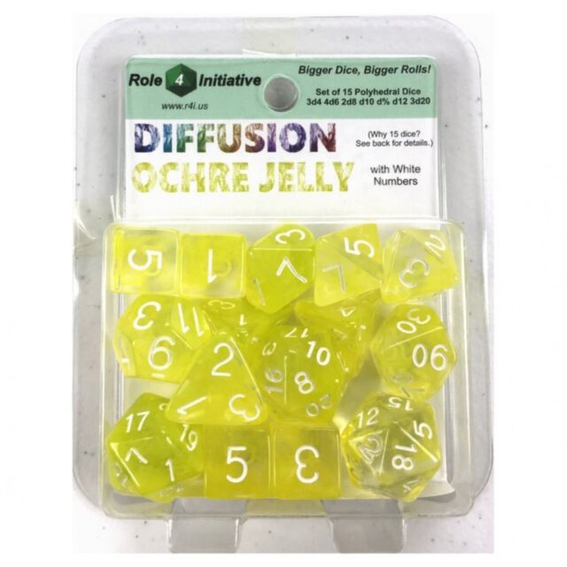 Role 4 Initiative: Polyhedral 15 Dice Set: Diffusion Ochre Jelly with White Numbers 