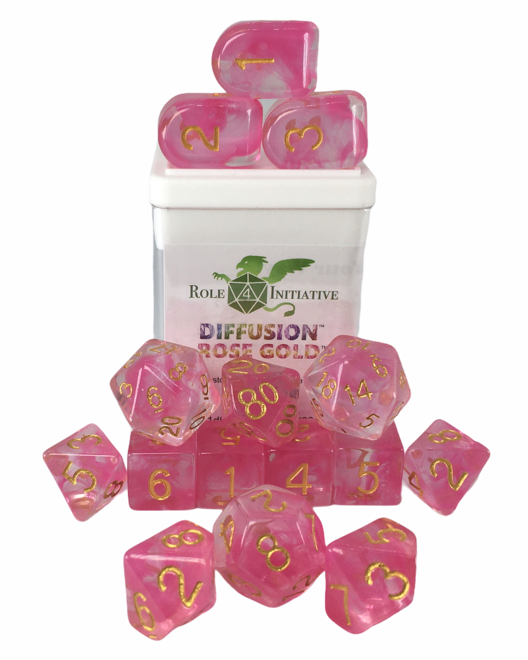 Role 4 Initiative: Polyhedral 15 Dice Set: Diffusion Rose Gold Arch D4 