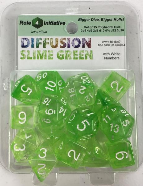 Role 4 Initiative: Polyhedral 15 Dice Set: Diffusion Slime Green with White Numbers 