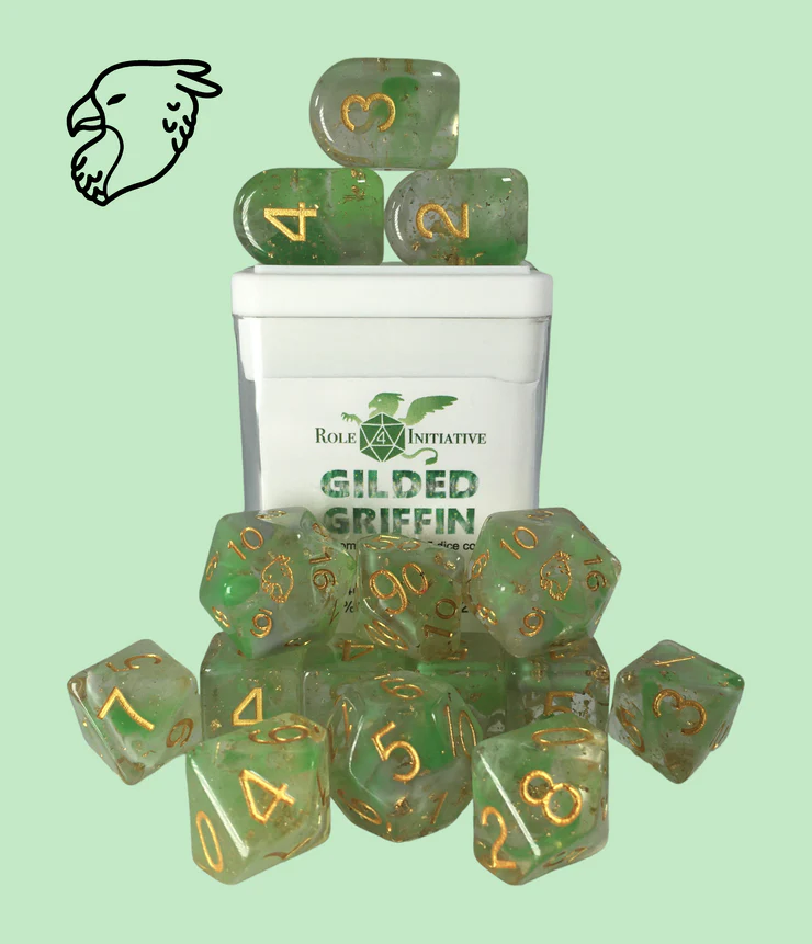 Role 4 Initiative: Polyhedral 15 Dice Set: Gilded Griffin W/Symbol Arch D4 