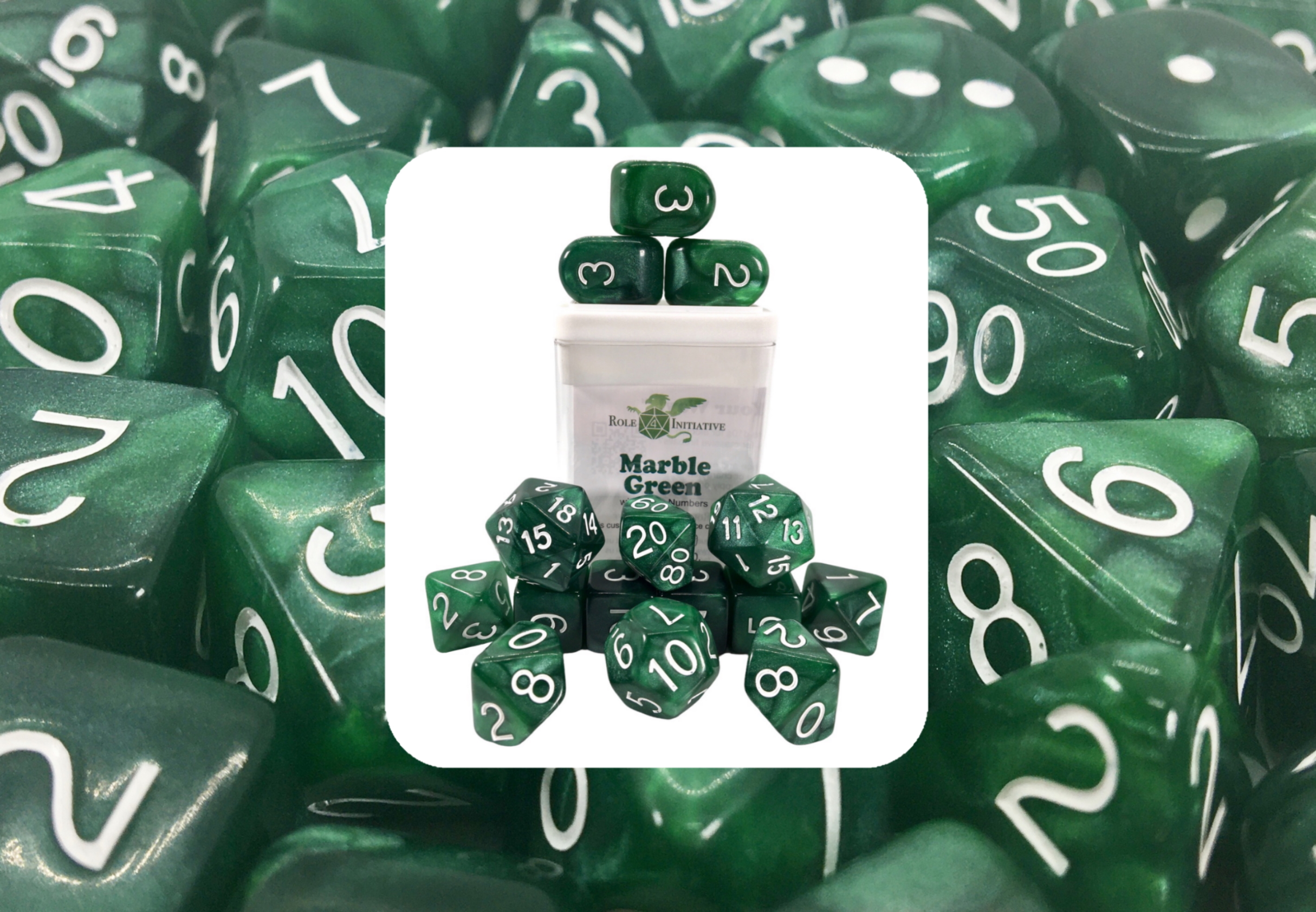 Role 4 Initiative: Polyhedral 15 Dice Set: Marble Green with White (Arch D4) 