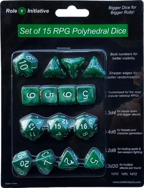 Role 4 Initiative: Polyhedral 15 Dice Set: Marble Green with White Numbers 