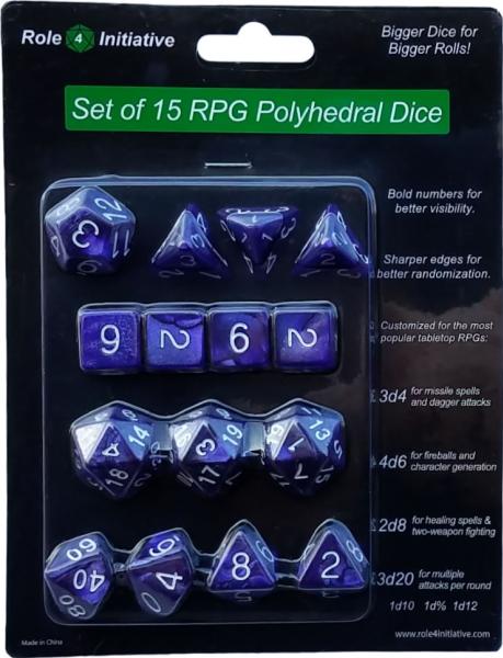 Role 4 Initiative: Polyhedral 15 Dice Set: Marble Purple with White Numbers 