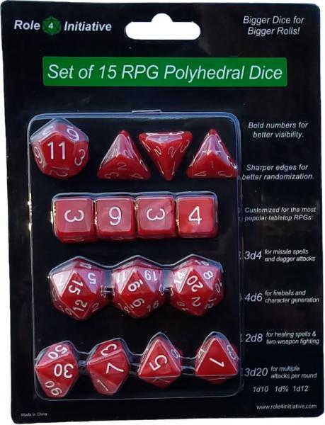 Role 4 Initiative: Polyhedral 15 Dice Set: Marble Red with White Numbers 