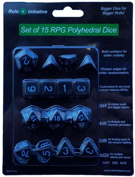 Role 4 Initiative: Polyhedral 15 Dice Set: Opaque Black with Lt Blue Numbers 