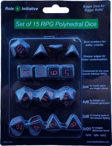 Role 4 Initiative: Polyhedral 15 Dice Set: Opaque Black with Red Numbers 