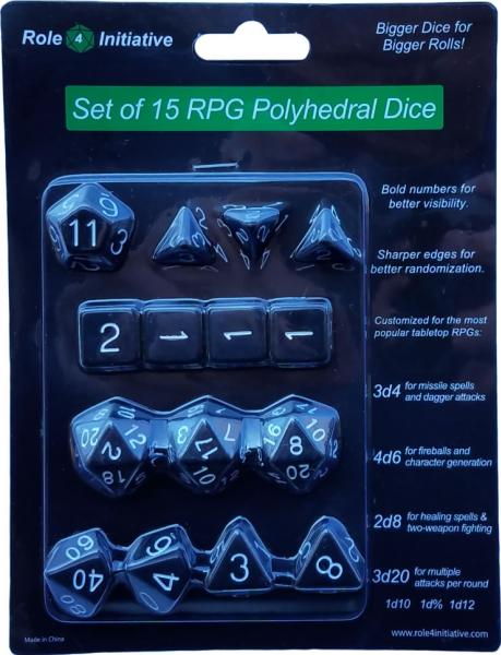 Role 4 Initiative: Polyhedral 15 Dice Set: Opaque Black with White Numbers 