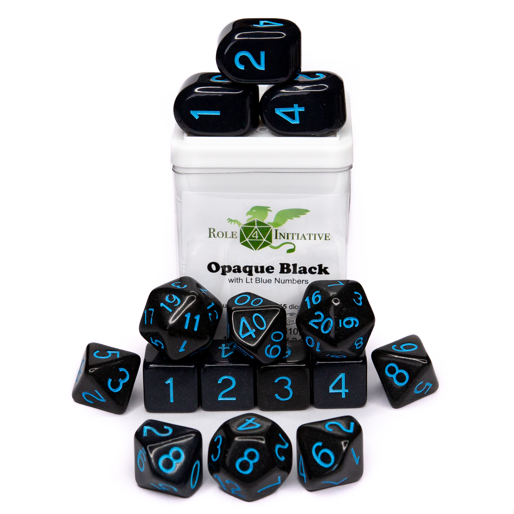 Role 4 Initiative: Polyhedral 15 Dice Set: Opaque Black with Light Blue (Arch D4)  