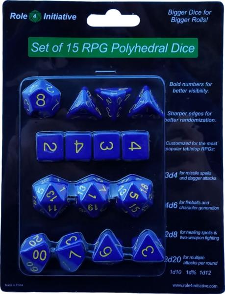 Role 4 Initiative: Polyhedral 15 Dice Set: Opaque Dark Blue with Gold Numbers 