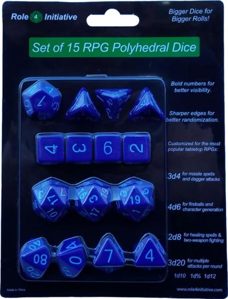 Role 4 Initiative: Polyhedral 15 Dice Set: Opaque Dark Blue with Lt Blue Numbers 