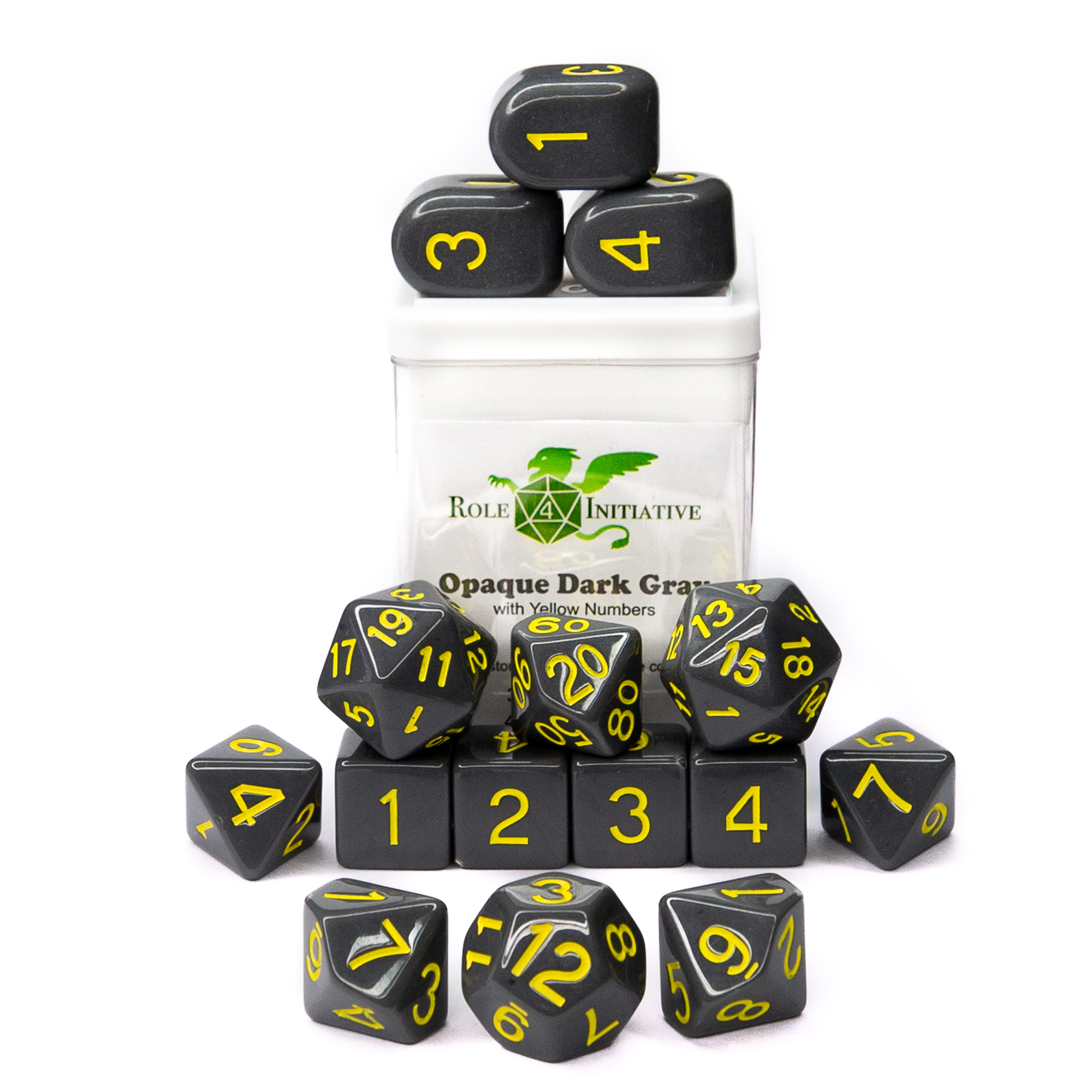 Role 4 Initiative: Polyhedral 15 Dice Set: Opaque Dark Gray And Yellow (Arch D4)  