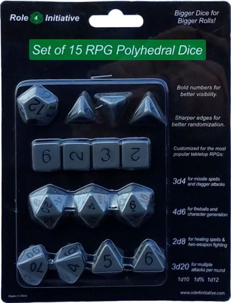 Role 4 Initiative: Polyhedral 15 Dice Set: Opaque Dark Gray with Black Numbers 