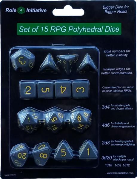 Role 4 Initiative: Polyhedral 15 Dice Set: Opaque Dark Gray with Gold Numbers 