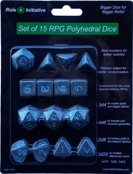 Role 4 Initiative: Polyhedral 15 Dice Set: Opaque Dark Gray with Light Blue Numbers 