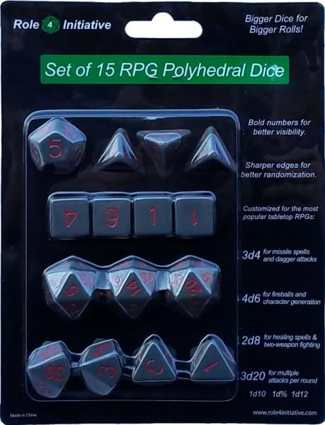 Role 4 Initiative: Polyhedral 15 Dice Set: Opaque Dark Gray with Red Numbers 