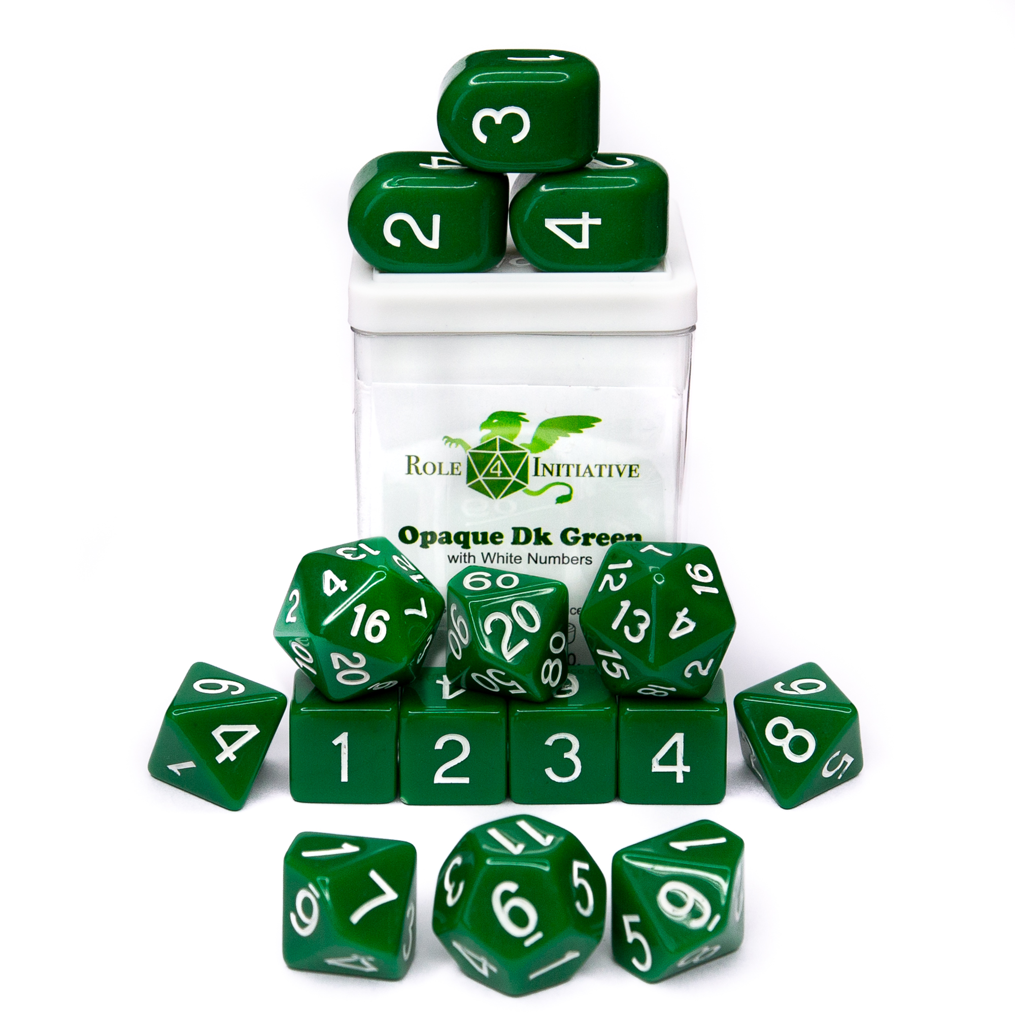 Role 4 Initiative: Polyhedral 15 Dice Set: Opaque Dark Green And White (Arch D4) 