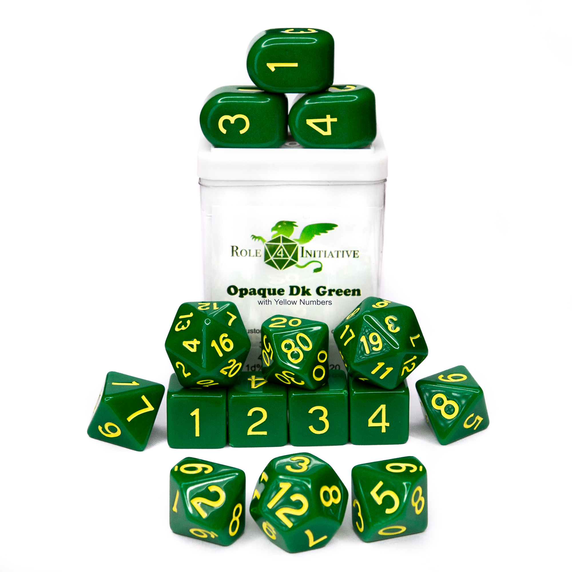 Role 4 Initiative: Polyhedral 15 Dice Set: Opaque Dark Green And Yellow (Arch D4)  