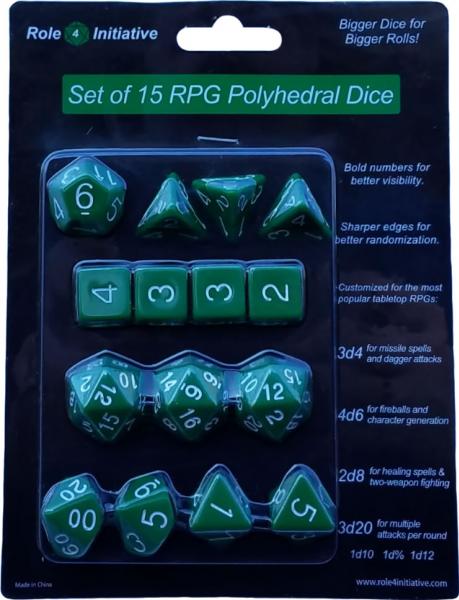 Role 4 Initiative: Polyhedral 15 Dice Set: Opaque Dark Green with White Numbers 