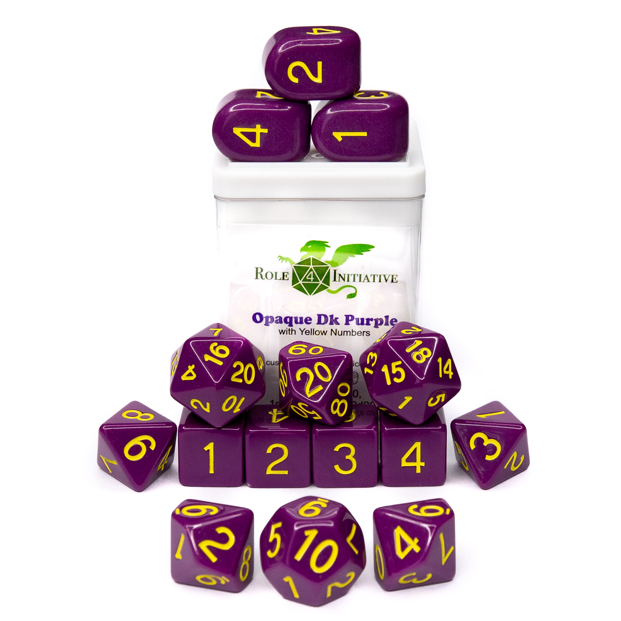 Role 4 Initiative: Polyhedral 15 Dice Set: Opaque Dark Purple And Yellow Arch D4 