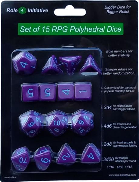 Role 4 Initiative: Polyhedral 15 Dice Set: Opaque Dark Purple with Lt Blue Numbers 