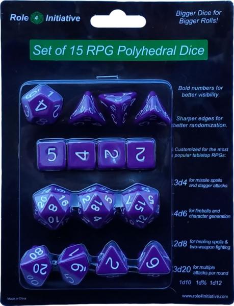 Role 4 Initiative: Polyhedral 15 Dice Set: Opaque Dark Purple with White Numbers 