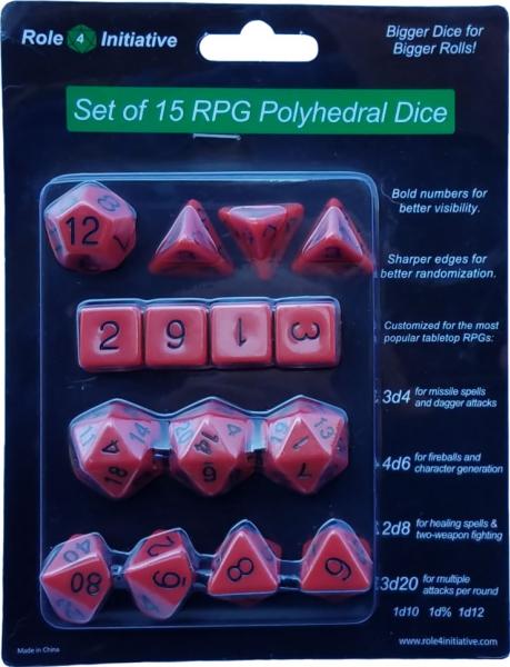 Role 4 Initiative: Polyhedral 15 Dice Set: Opaque Red with Black Numbers 