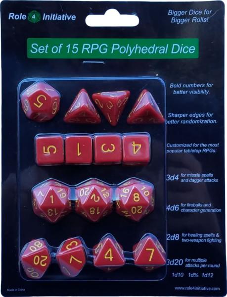 Role 4 Initiative: Polyhedral 15 Dice Set: Opaque Red with Gold Numbers 