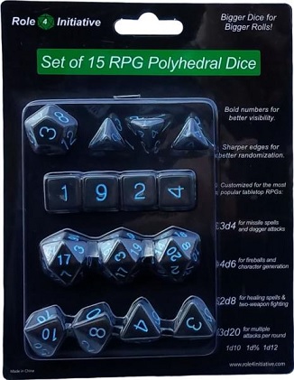 Role 4 Initiative: Polyhedral 15 Dice Set: TRANSLUCENT BLACK(SMOKE) W/LT BLUE 