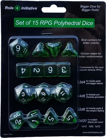Role 4 Initiative: Polyhedral 15 Dice Set: TRANSLUCENT DARK GREEN W/ WHITE 