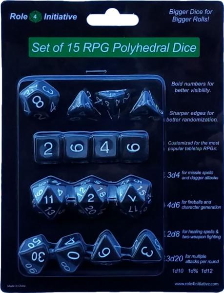 Role 4 Initiative: Polyhedral 15 Dice Set: Translucent Black (Smoke) with White Numbers 