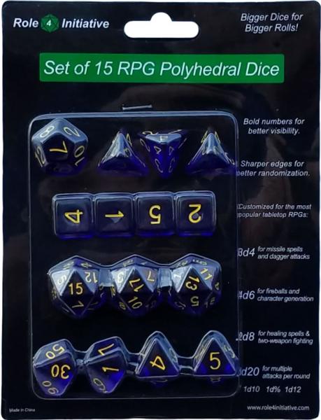 Role 4 Initiative: Polyhedral 15 Dice Set: Translucent Dark Blue with Gold Numbers 