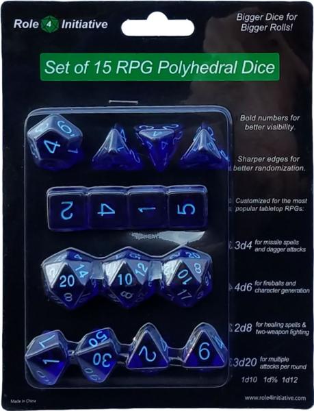Role 4 Initiative: Polyhedral 15 Dice Set: Translucent Dark Blue with Light Blue Numbers 