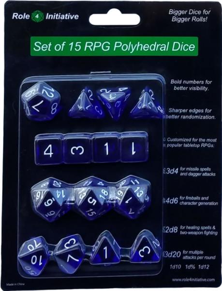 Role 4 Initiative: Polyhedral 15 Dice Set: Translucent Dark Blue with White Numbers 