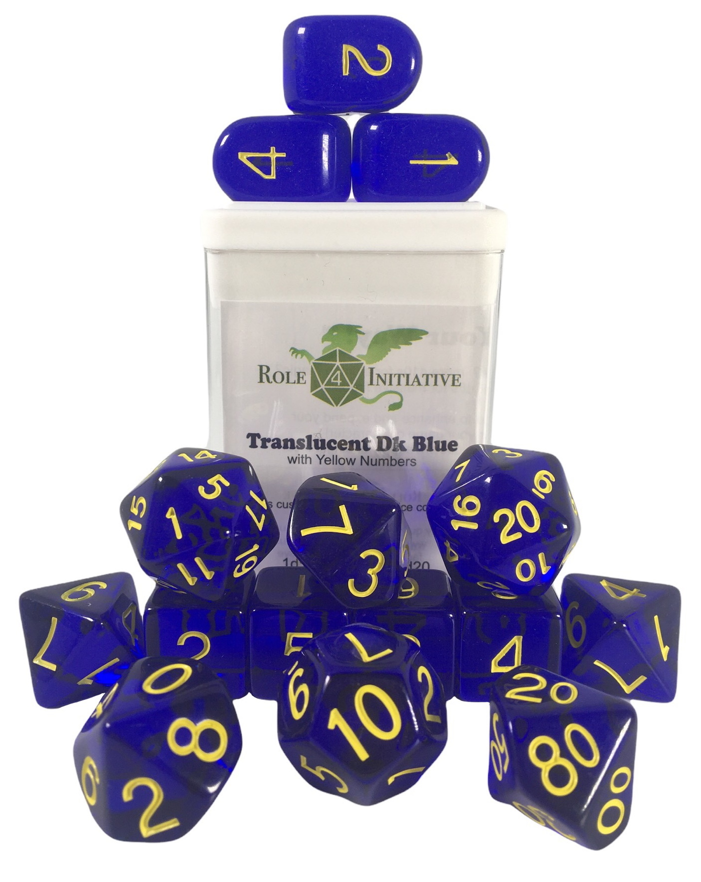 Role 4 Initiative: Polyhedral 15 Dice Set: Translucent Dark Blue with Yellow (Arch D4)  