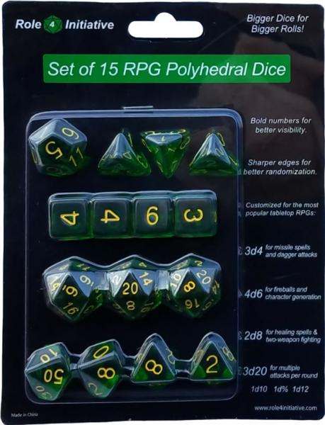 Role 4 Initiative: Polyhedral 15 Dice Set: Translucent Dark Green with Gold Numbers 